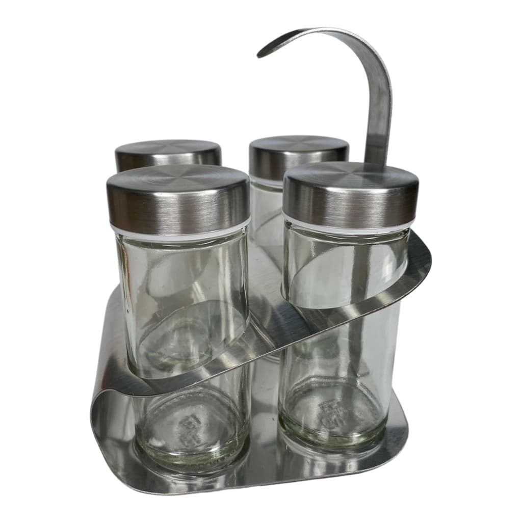 Kit Porta Condimentos 4 pçs + Suporte Aço Inox e Vidro