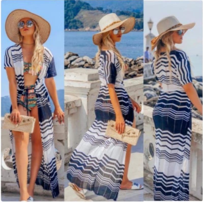 Saída de Praia Feminina Longa Tricô Listrada Manga Curta Elegante 36 ao 42 Lupinacci Tricot