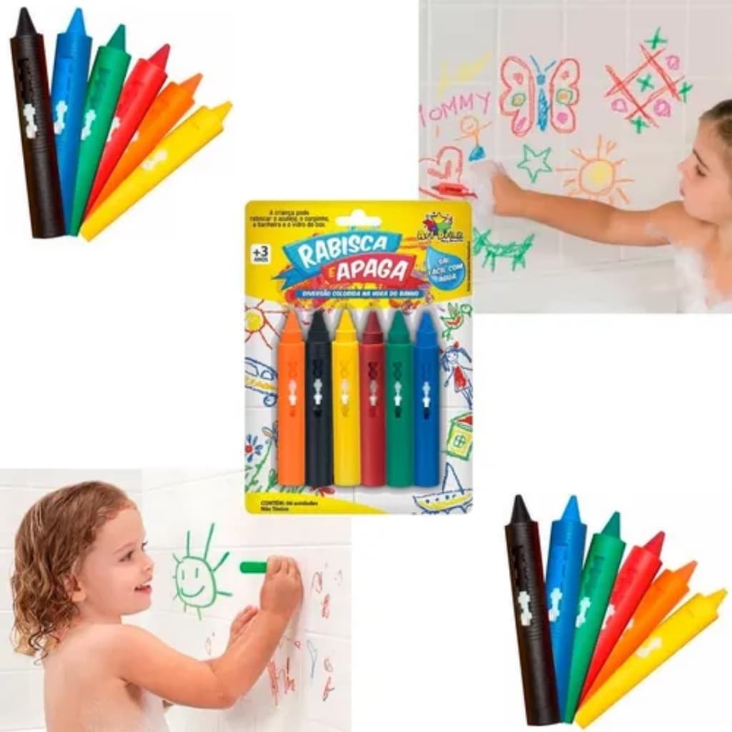 Giz de Cera Lavável Caneta Rabisca e Apaga Colorida Brinquedo Infantil Kit com 6 Cores