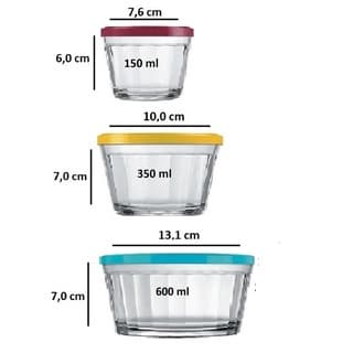 Conjunto 3 potes bowl, 600m, 350ml e 150ml, de vidro c/tampa.