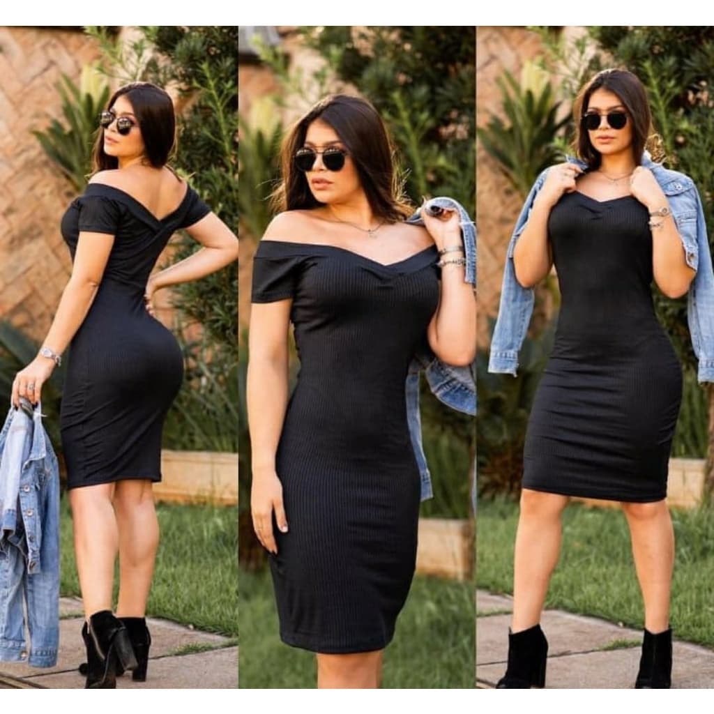 Vestido Midi Canelado Feminino Jade Ombro a Ombro