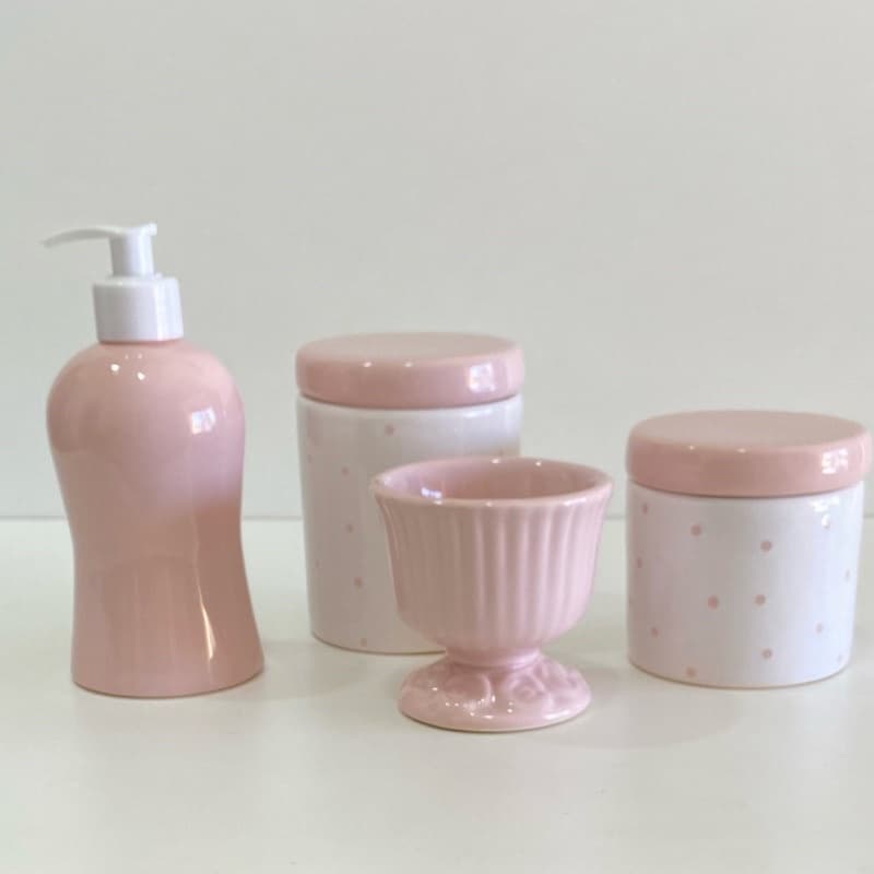 kit higiene ceramica poá  rosa seco 4 peças