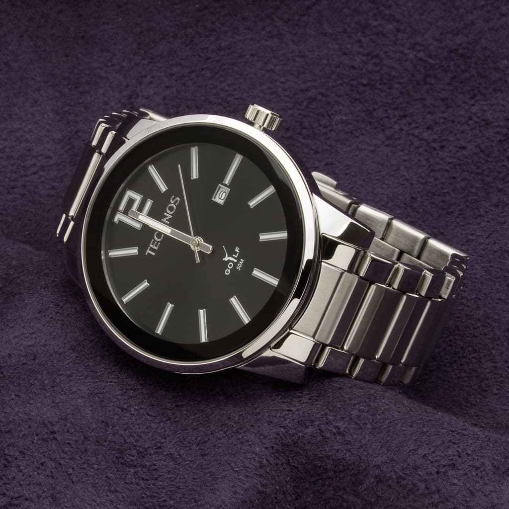 Relogio Masculino Technos Golf Clássico Prata Aço 2115TU/1P Fundo Preto Original Presente Homem Namorado Esposo Marido