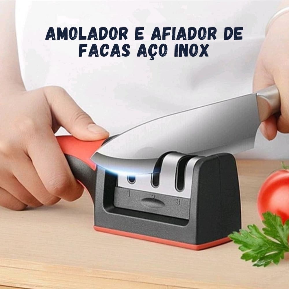 Amolador e Afiador De Facas Em Aço Inox Cabo e Base de Borracha Com 3 Afiadores