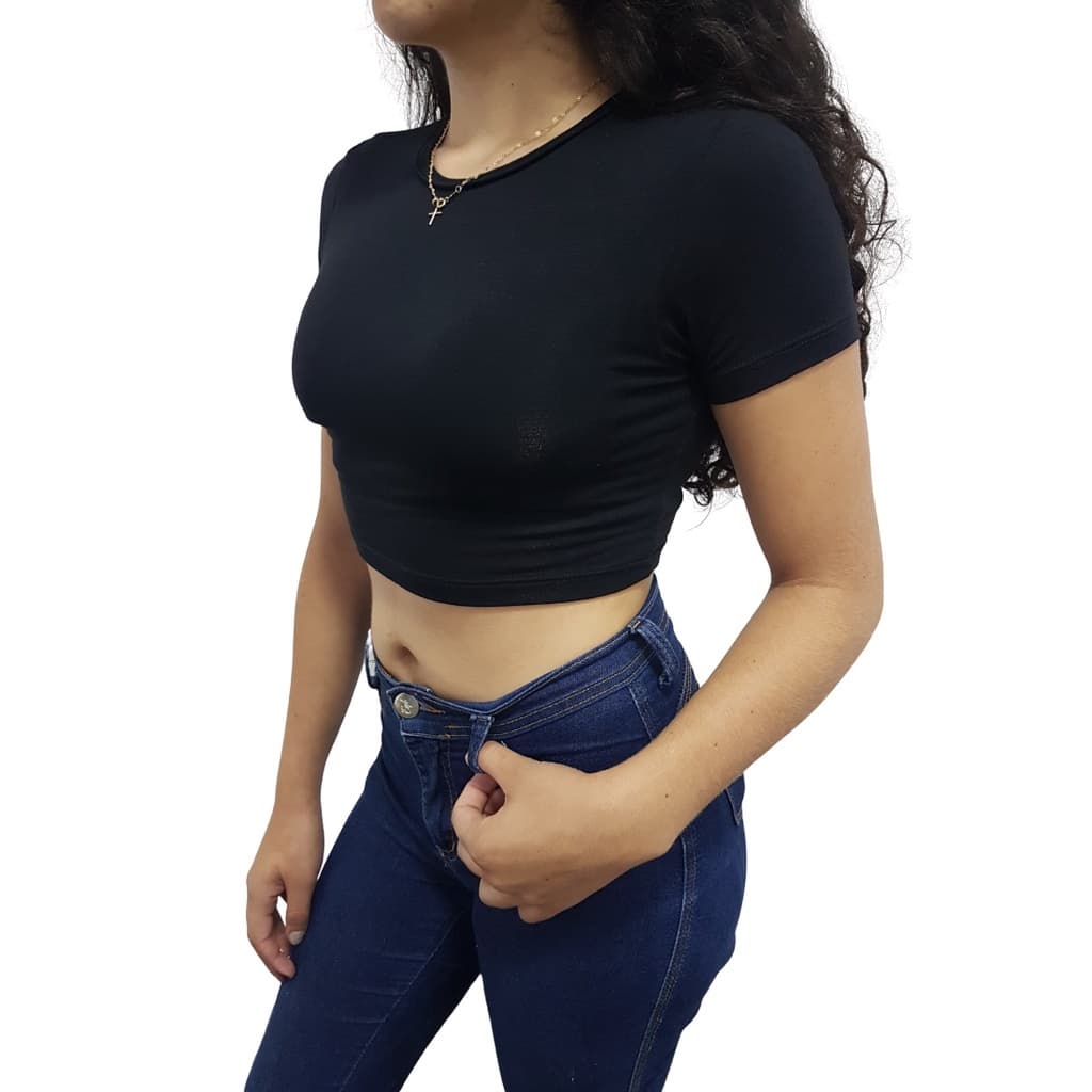 Cropped Básico Feminino Com Mangas Detalhe nas Costas Sjons