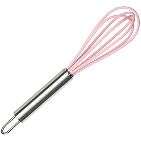 batedor de ovos tipo fuet em silicone com cabo inox cora rosa
