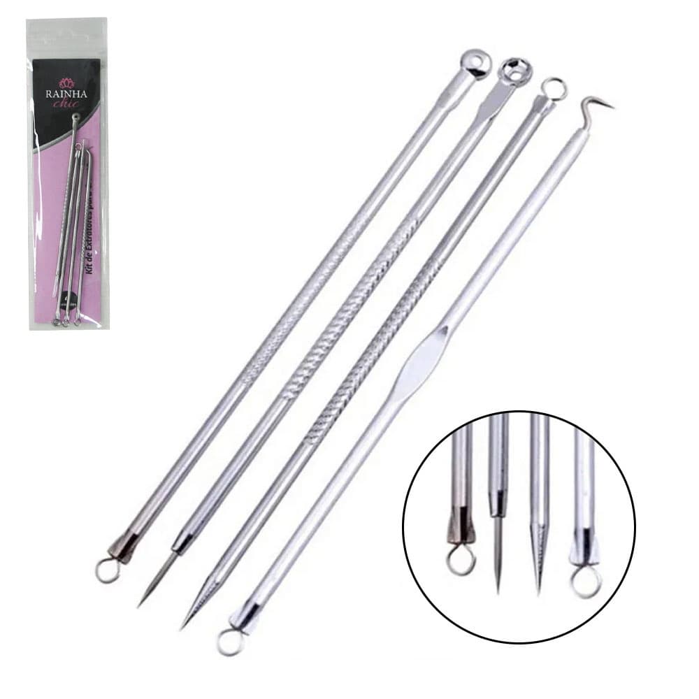 Kit Extrator Inox Removedor Cravo Espinha 4 Peças Estojo