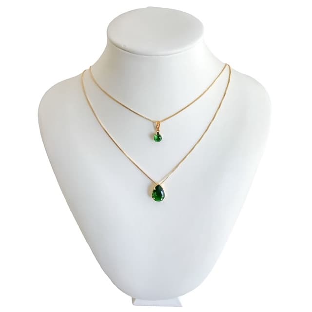 Colar Duplo Gota Choker Ponto de Luz Esmeralda Banhada a Ouro 18k