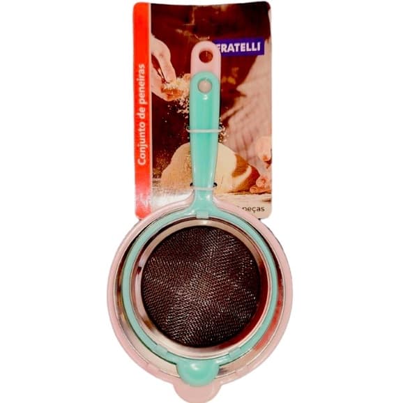 Conjunto Peneira 2 Peças P M Rosa e Verde Coador Em Aço Inox Utensílio Para Cozinha E Confeitaria