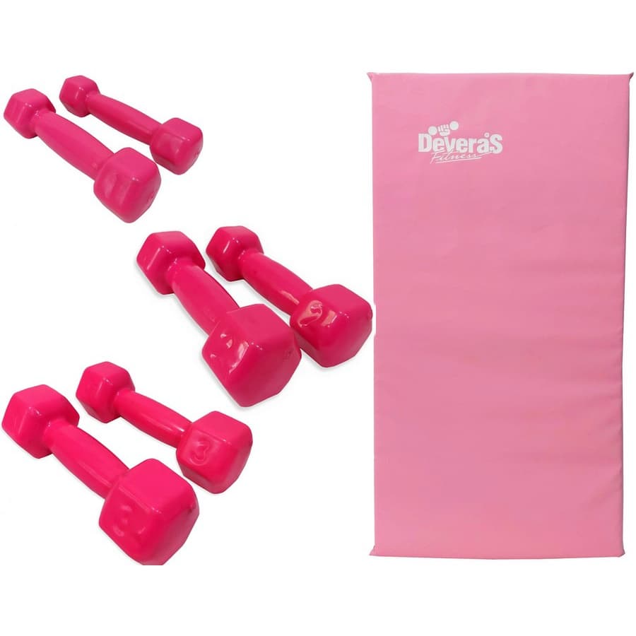 Kit halteres emborrachado 1 kg, 2 kg, 3 kg e colchonete academia ginástica yoga mat