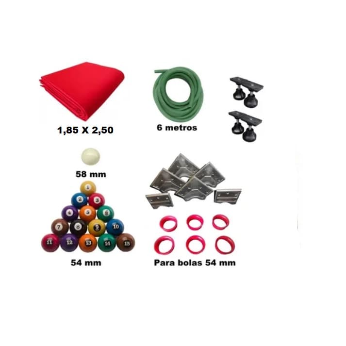 Kit Para Bilhar Sinuca Pano Borracha Bolas Numeradas Caçapas e pés Niveladores