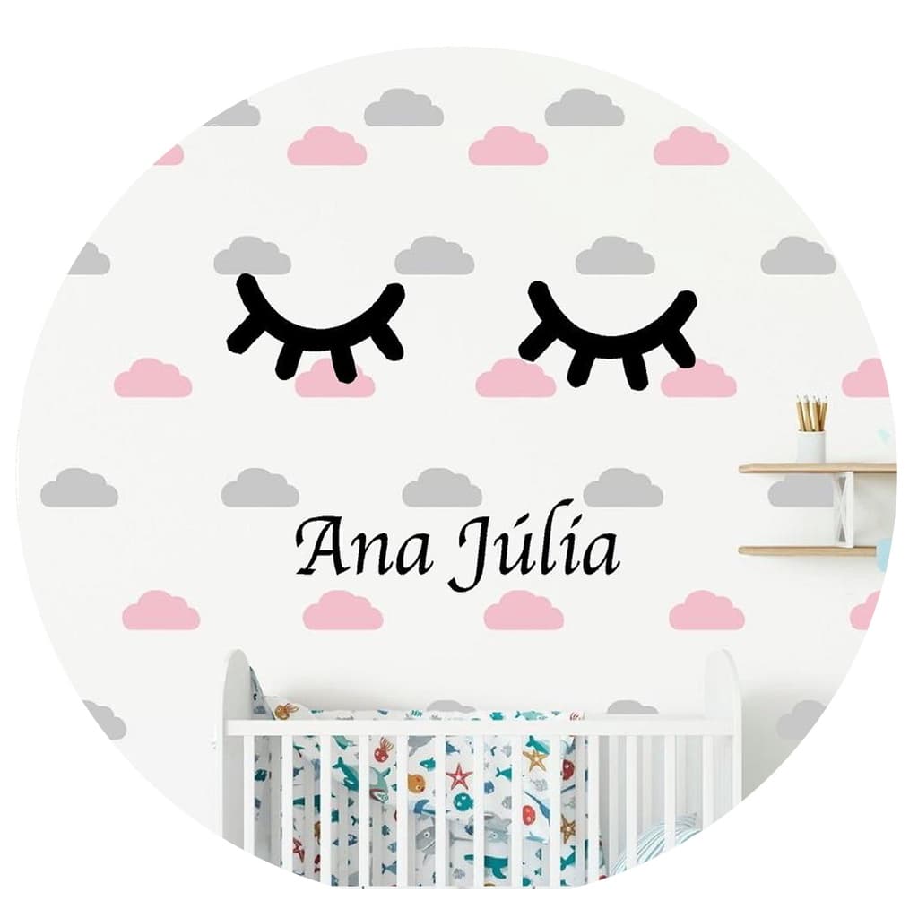 ADESIVO DECORATIVO DE PAREDE INFANTIL NUVENS + CILIOS+NOME  100un 7cm ROSA CLARO+CINZA CLARO
