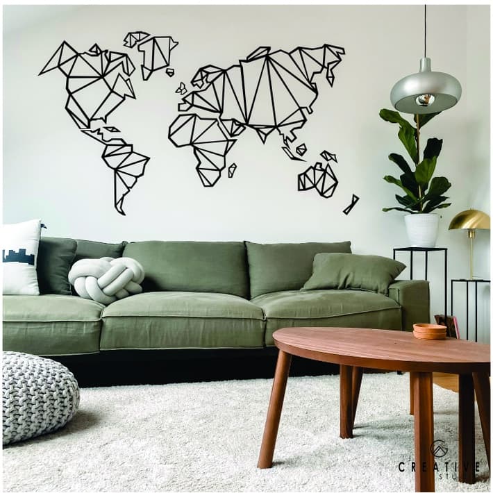 Painel  Mapa Mundi geométrico Para Parede Decorativo em MDF 3mm Preto Completo