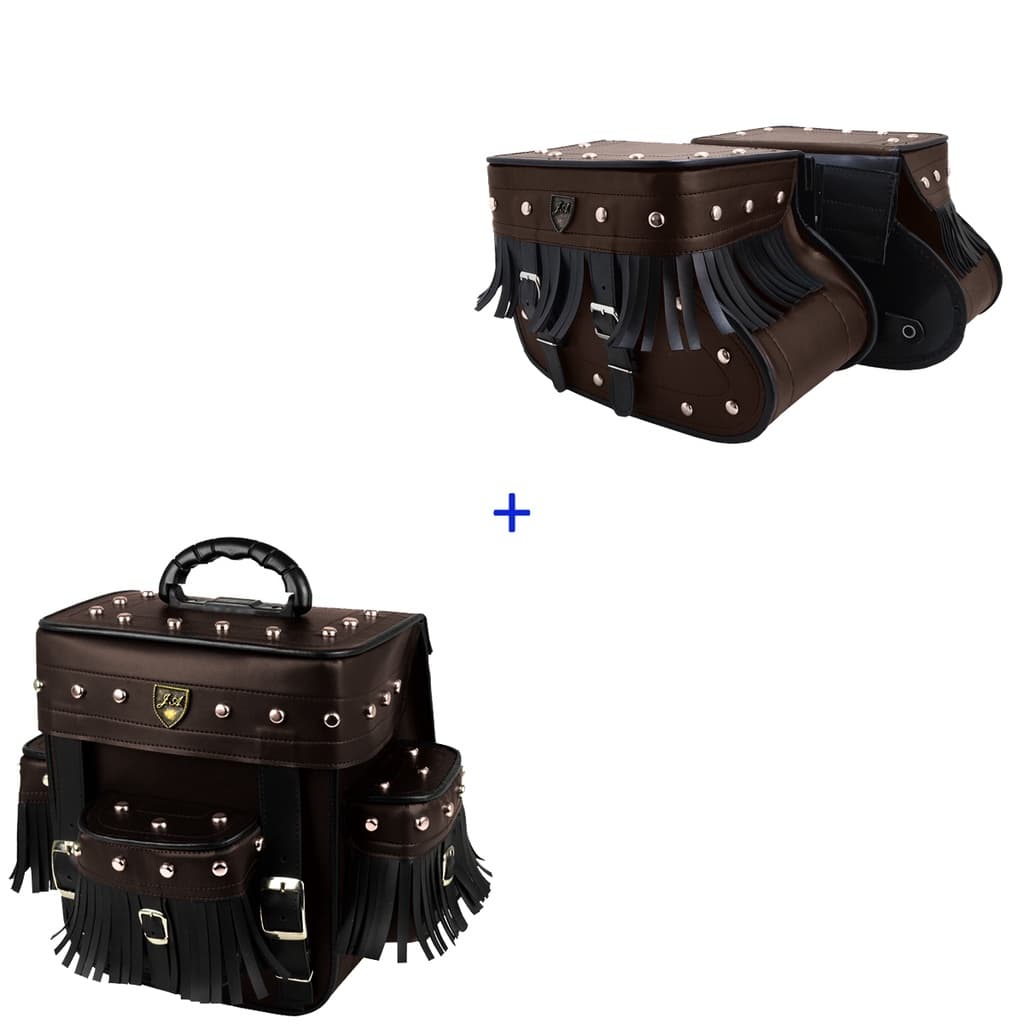 Kit Alforge Traseiro Mini 22 Litros C/ Cravos e Franjas + Alforge Lateral Custom Botinha C/ Cravos e Franjas Marrom