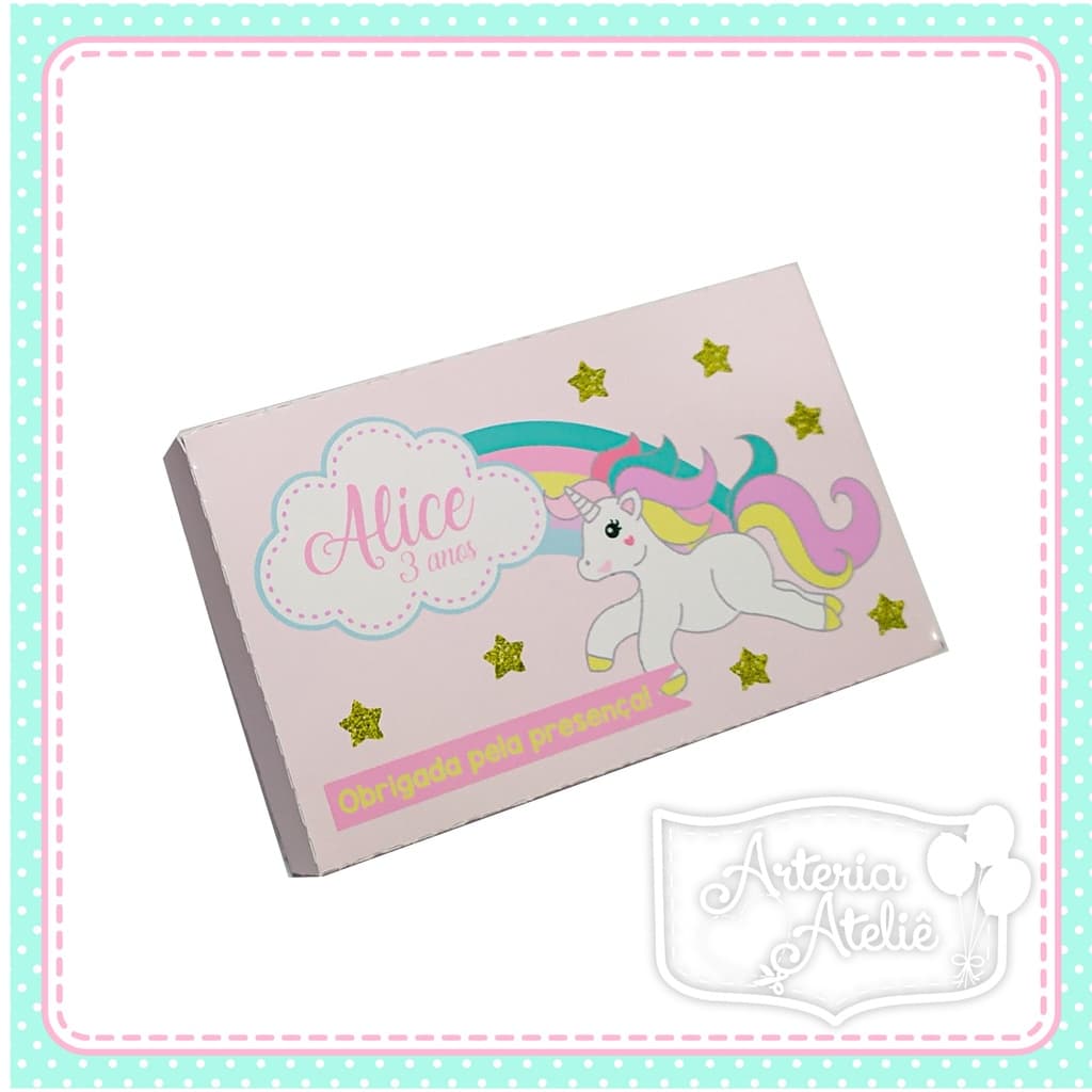 Caixinha porta Kit Kat Lembrancinha Personalizados caixa Decoração Festa Unicornio Unicórnio Arco iris rosa