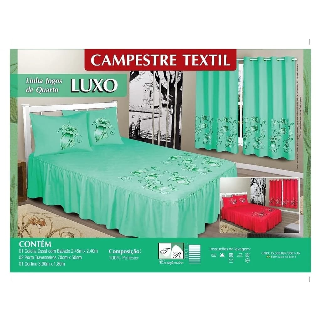 Kit Jogo de Quarto Casal Colcha Babado Cortina Estampada 2 Fronhas Porta Travesseiro Decor Campestre