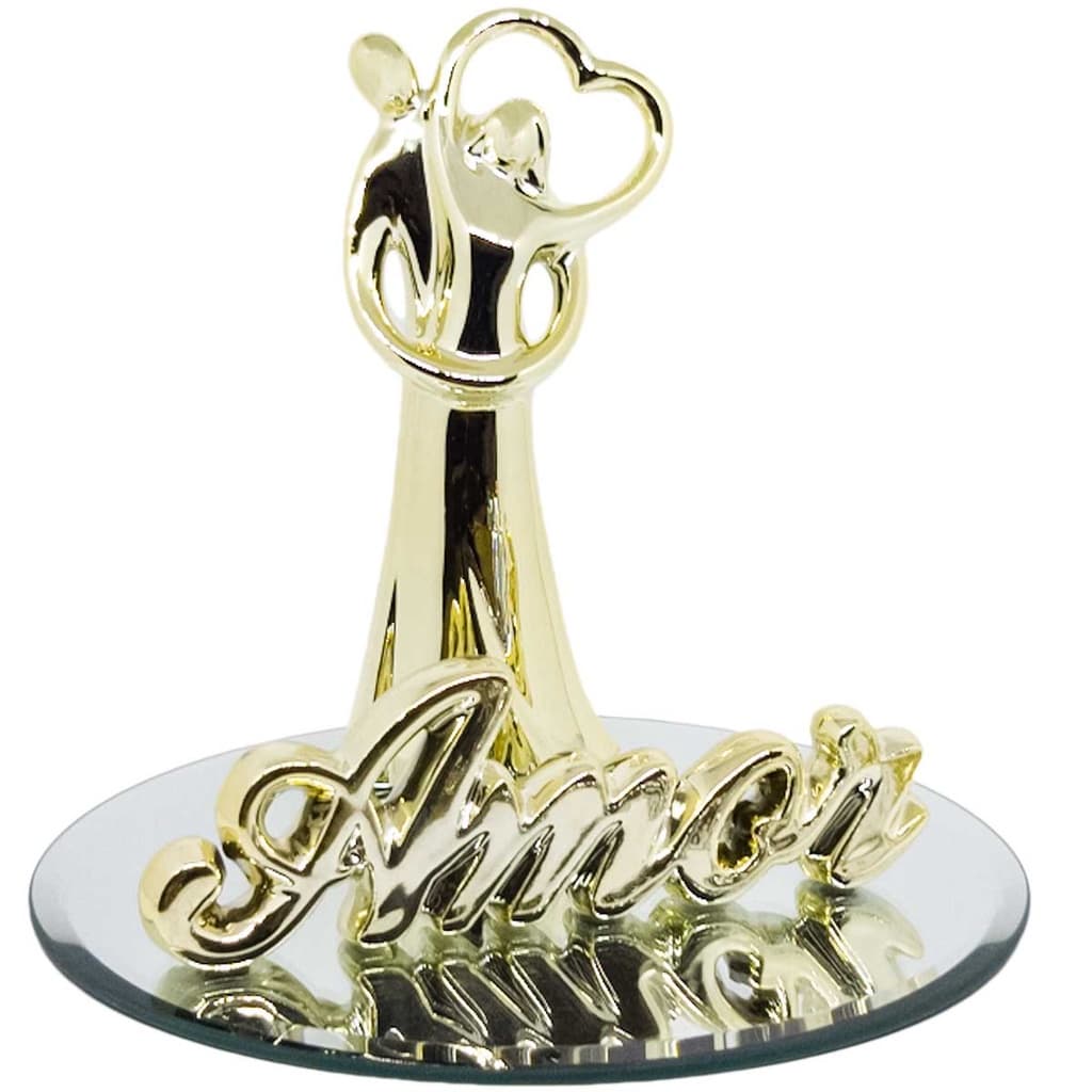 Kit Objeto Estátua Casal Decorativo Escultura Namorados + Palavra Decorativa Estilosa + Base Redonda Espelhada