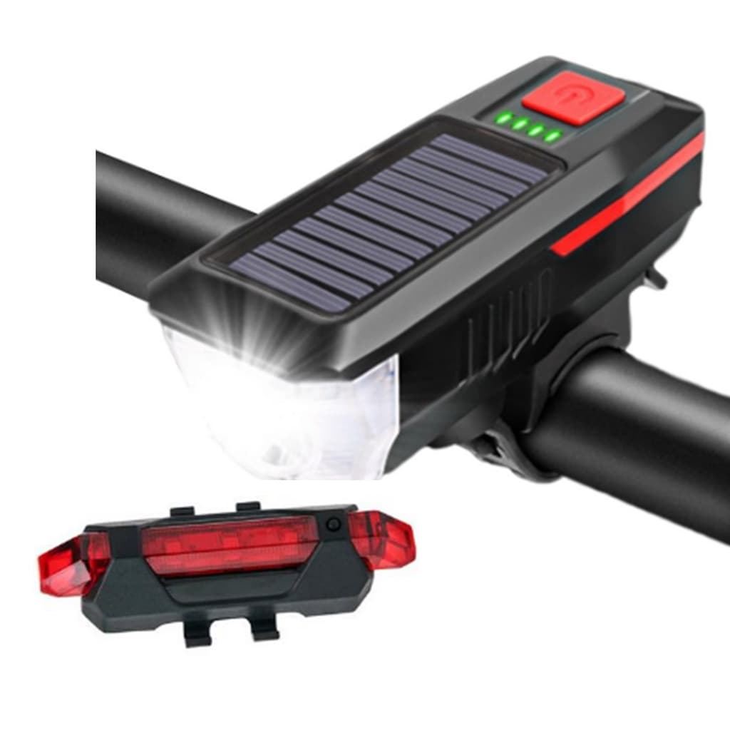 Farol de Lanterna Bicicleta Led Usb Recarregável Solar Com Buzina + Sinalizador Traseiro