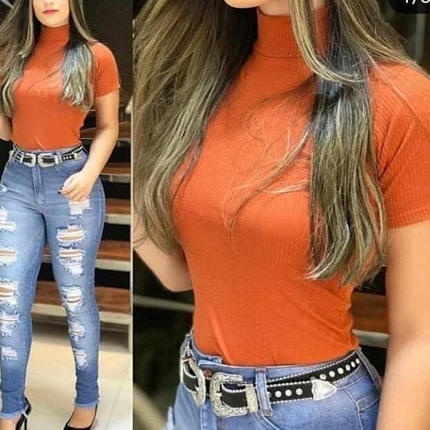 Blusa canelada gola alta manga curta básica tendência moda feminina lançamento
