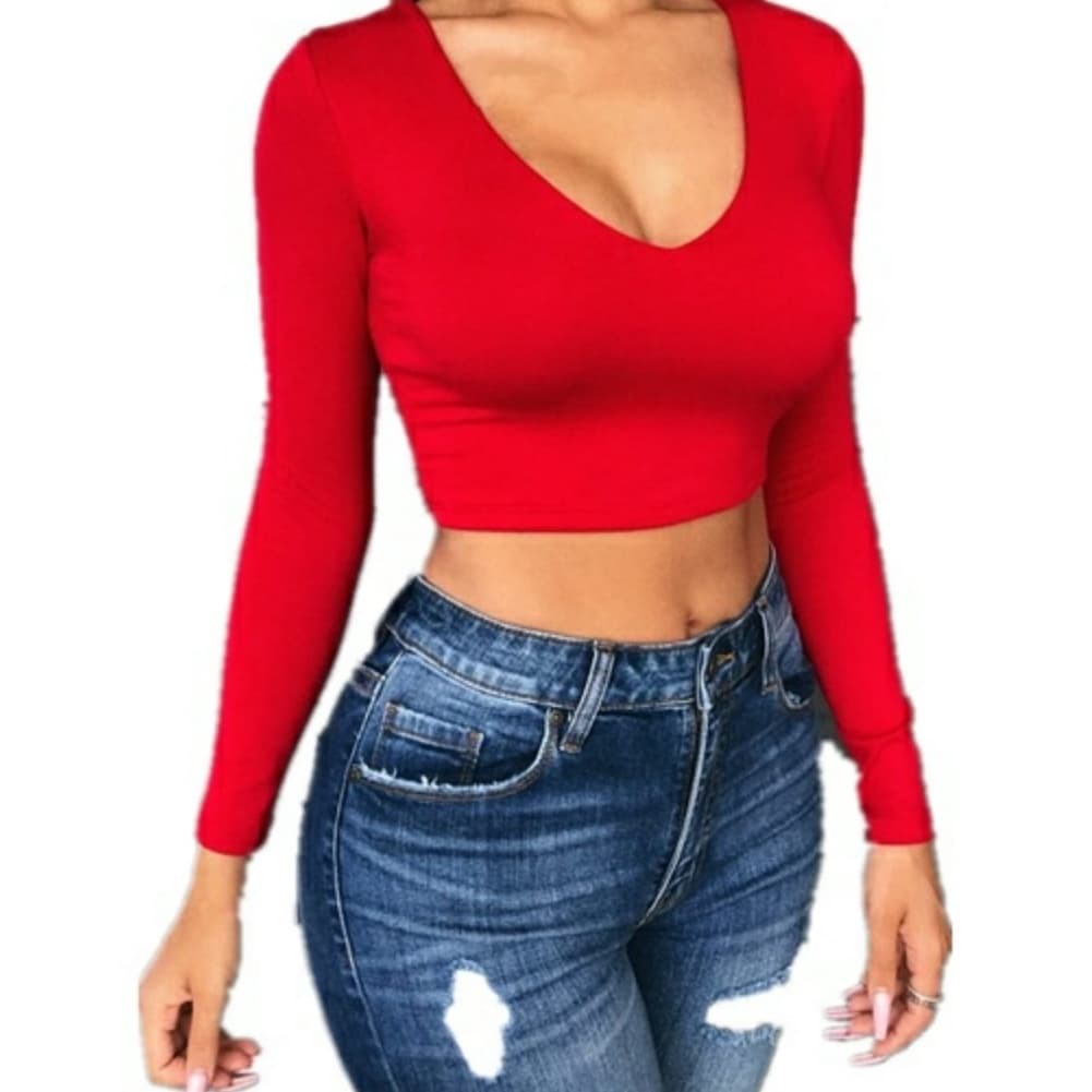 Cropped Decote em V Blusa Feminina Manga Longa Em Suplex