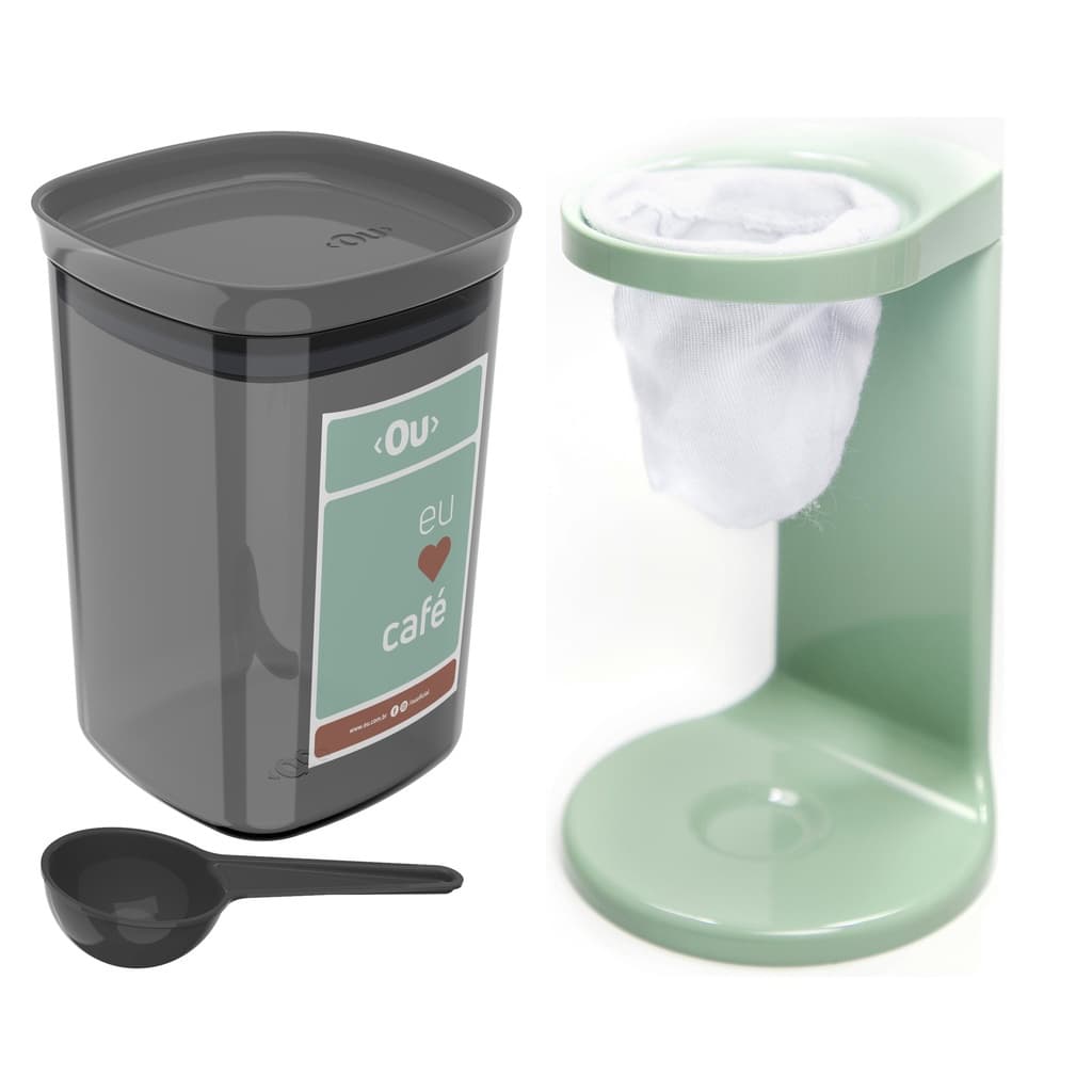 Kit Passador De Café Coador Mini Cafézinho C/ 1 Refil Pote Hermético 900ml Porta Condimento Colher Verde Menta - Ou