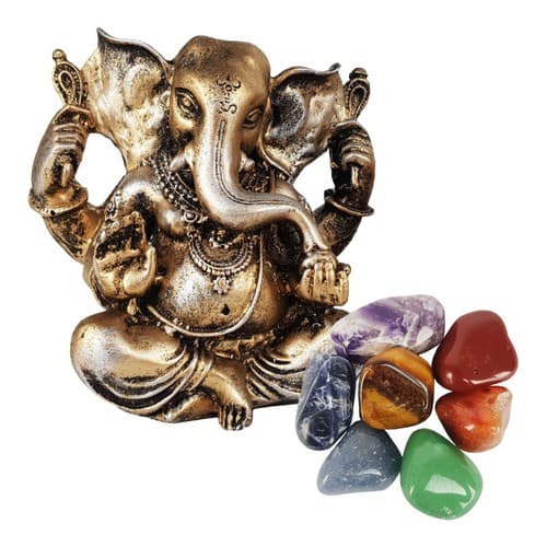 Ganesha Hindu Deus Prosperidade 11,5cm + Pedras Dos Chakras