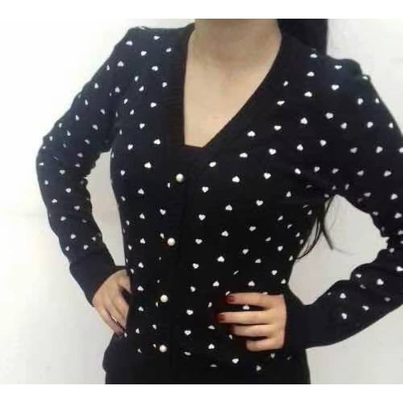 Blusa De Frio Feminina Cardigan Lã Tricot Com Bortao E Estampa De Coração E Bolinha