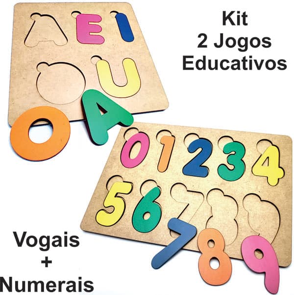 Kit Brinquedo Educativo Madeira Numerais + Vogais