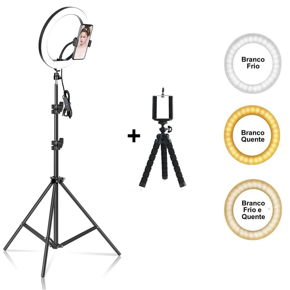 Iluminador Ring Light 26 cm USB com tripé 2,10 metros + Tripé Flexível CBRN14590