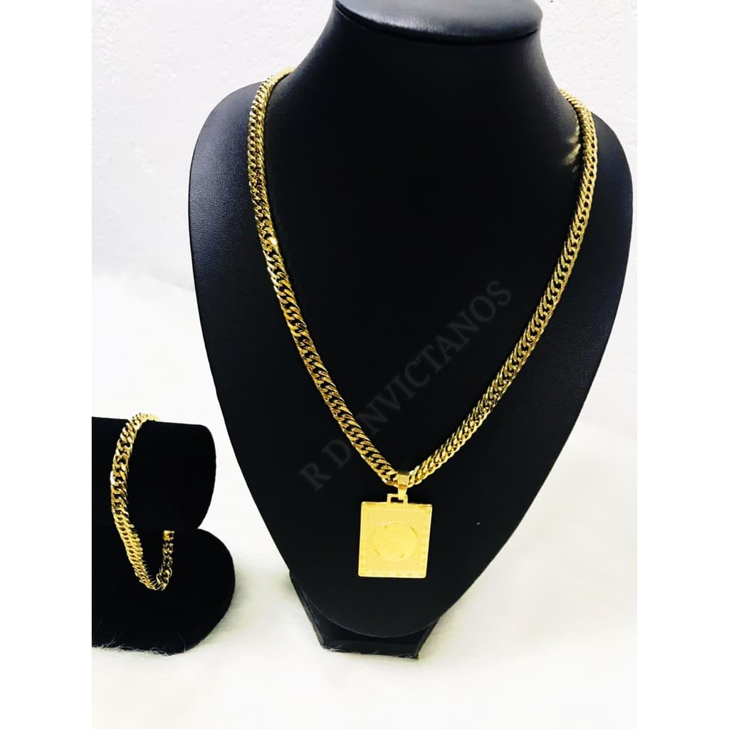Cordão Pulseira Pingente Masculino Folheado Kit Corrente e Pulseirae Pingente