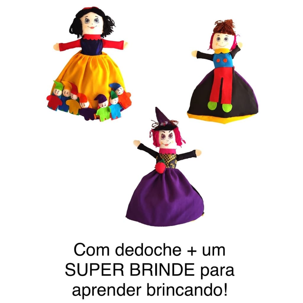 Boneca Branca de Neve 4 em 1 + Dedoche 3 Porquinhos + Jogo Educativo Surpresa
