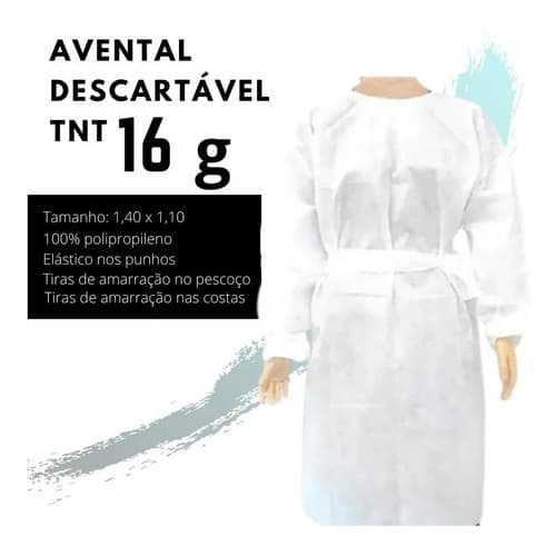 50un Avental Descartável Tnt 20g Branco Manga Longa