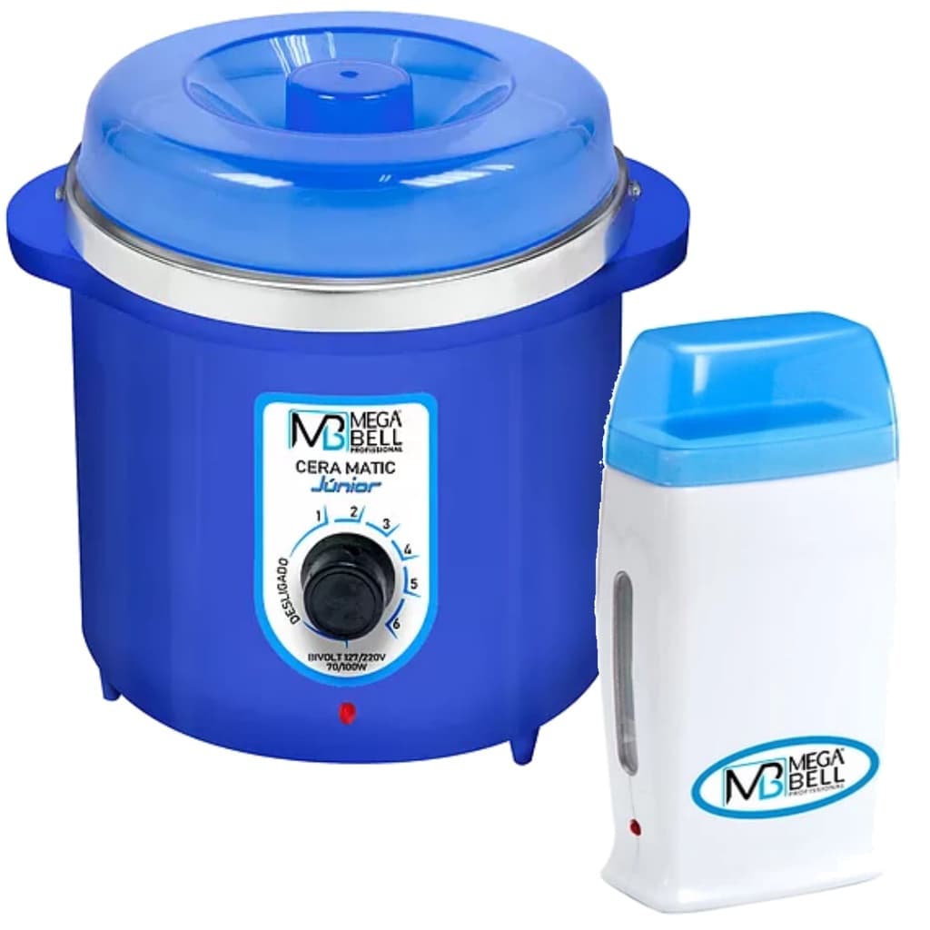 Kit Depilação Termocera 400gr Sem Refil Corpo Azul + Aquecedor de Cera Roll-on Azul Mega Bell