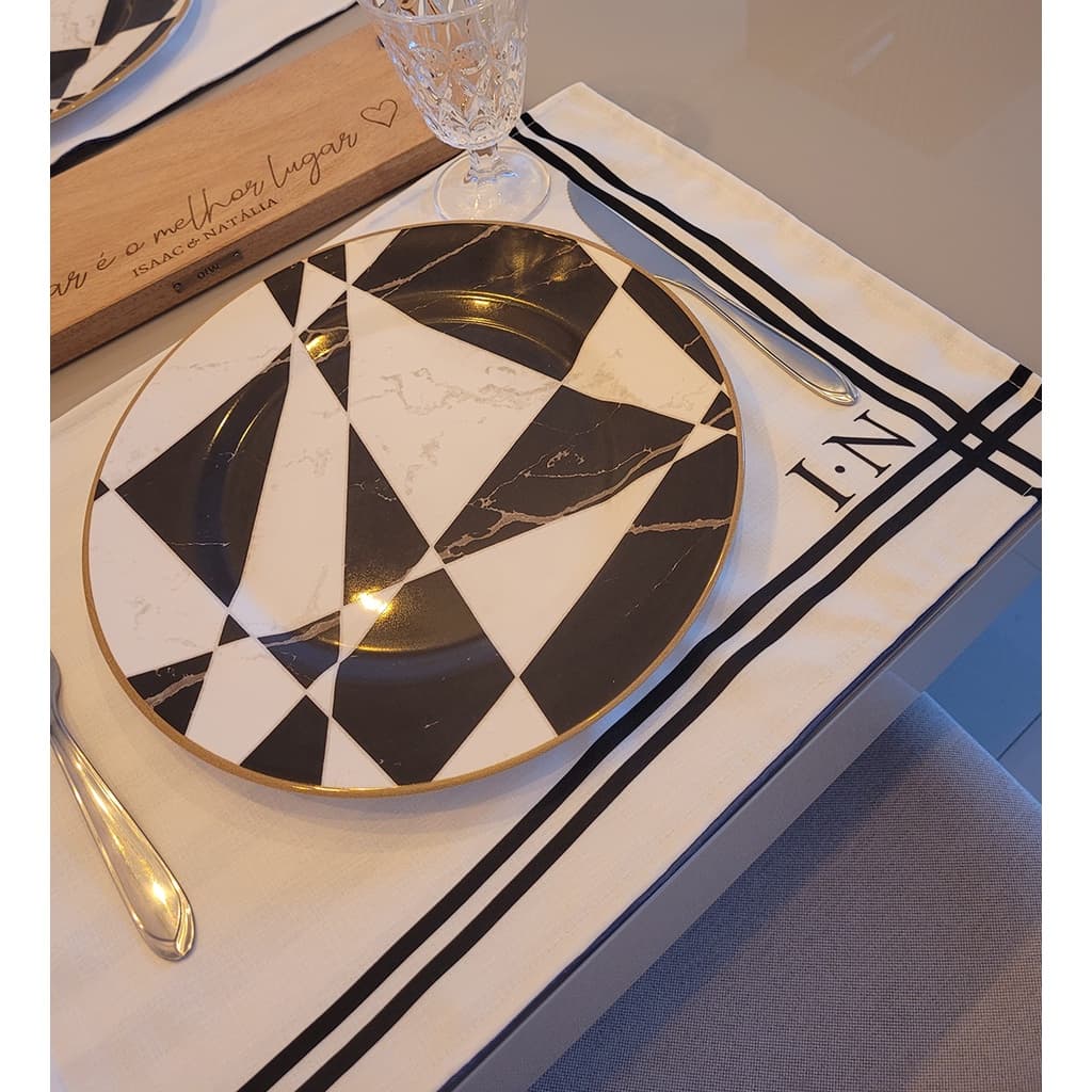 Lugar Americano Grid, Dupla Face Personalizado Inicial Nome, Preto e Branco, Mesa Posta, Linho 45x33cm, Jogo Americano
