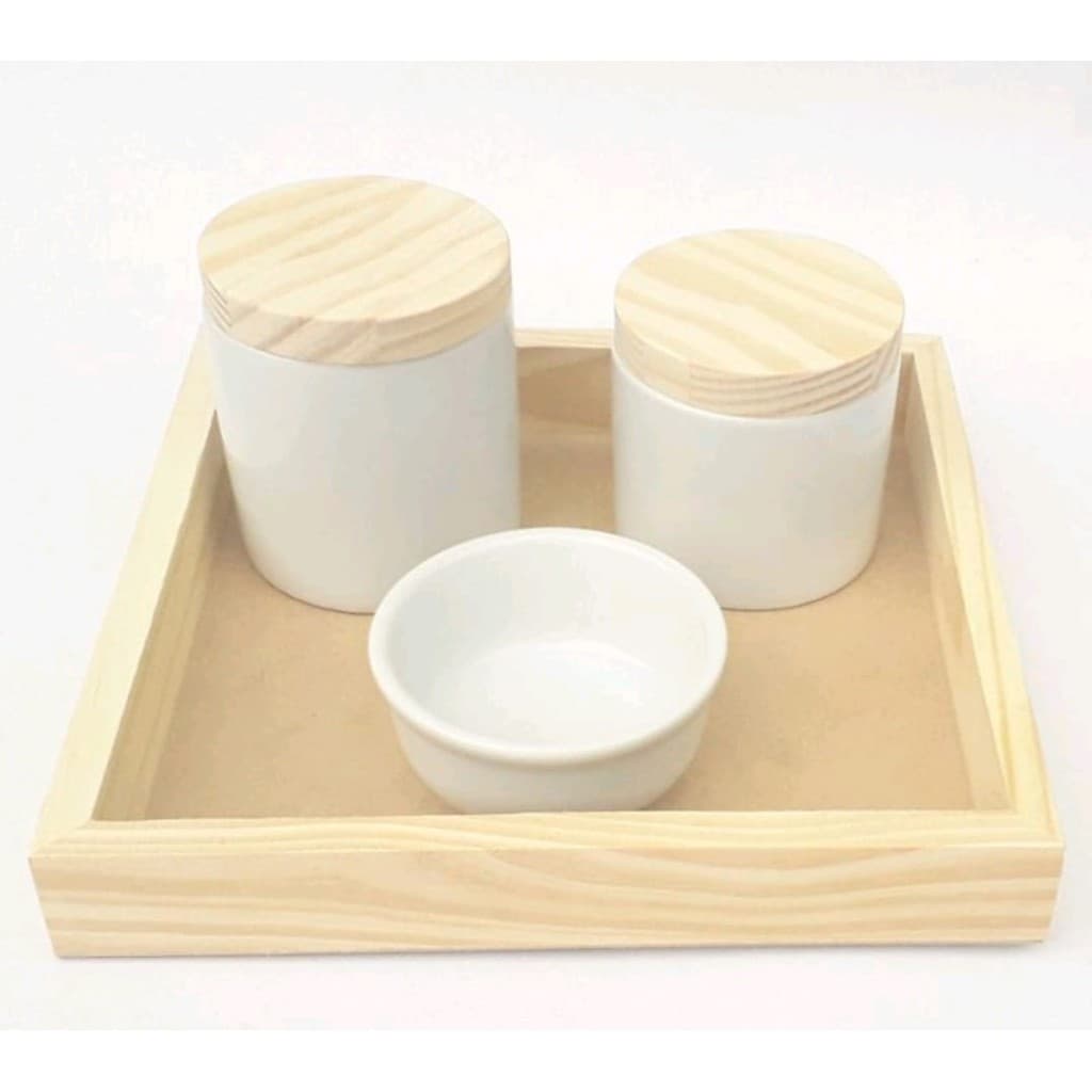 Kit Higiene Bebê Porcelana Branca Menina Menino Maternidade Potes Molhadeira Bandeja de Madeira Pinus com Fundo MDF