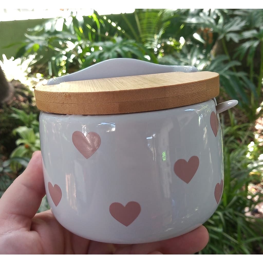 Saleiro de Porcelana -  tampa de Bambu - Corações - Cozinha Delicada