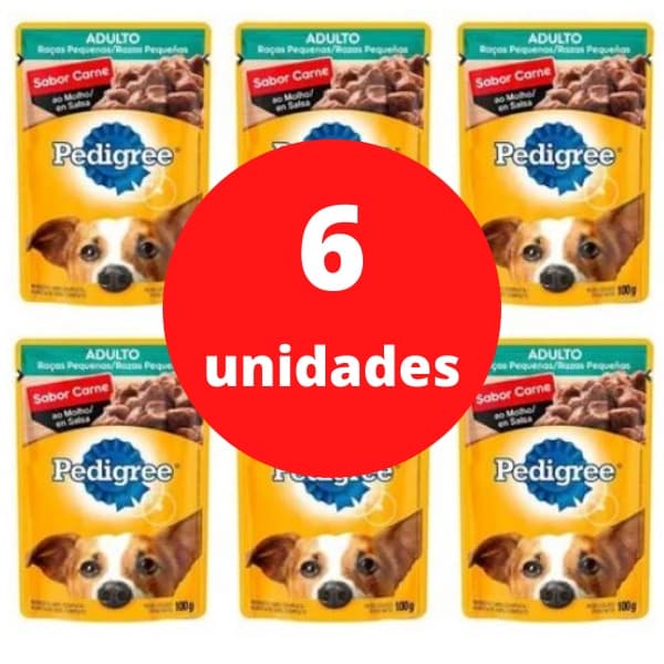Ração Úmida Pedigree Sachê para Cães Adultos Carne Raças Pequenas 100g c/ 6 unidades