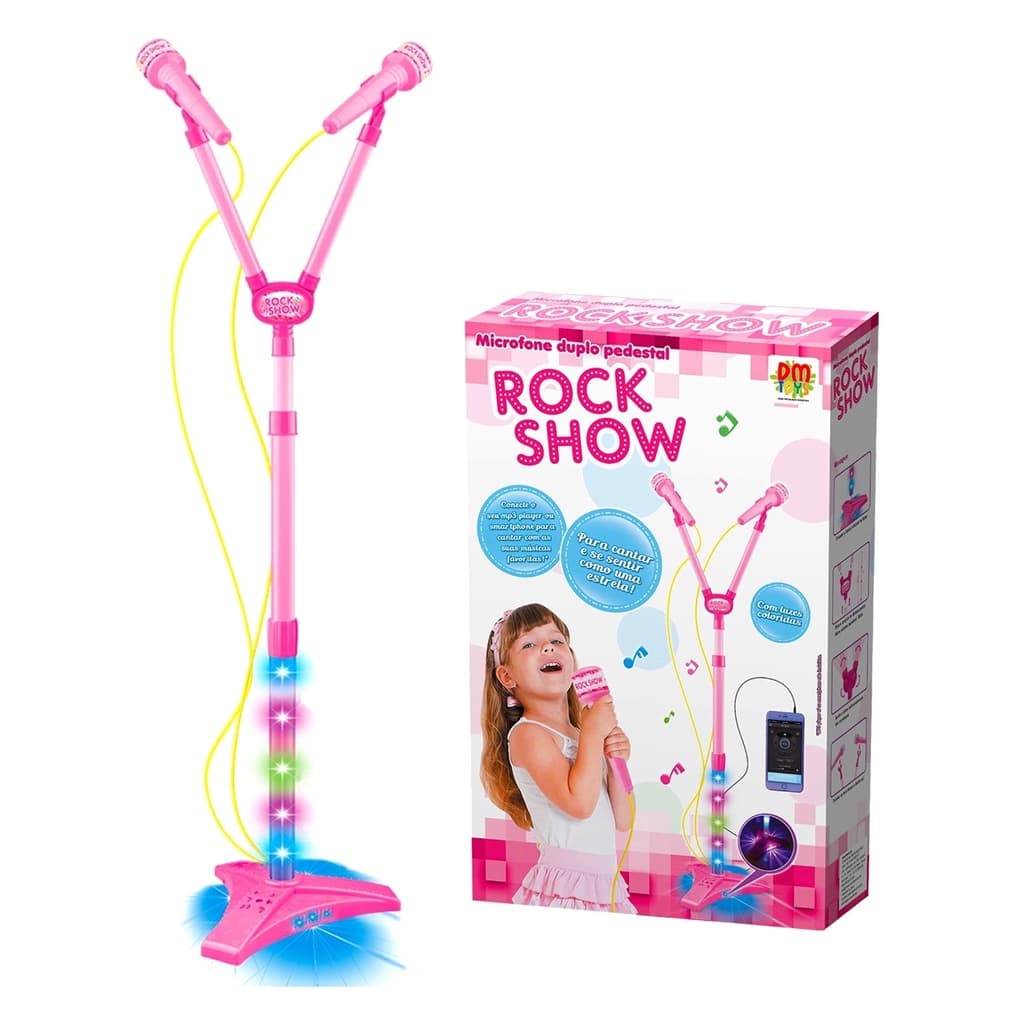 Microfone Infantil Rosa C/ Som E Entrada Mp3 Rock Show Dm Toys