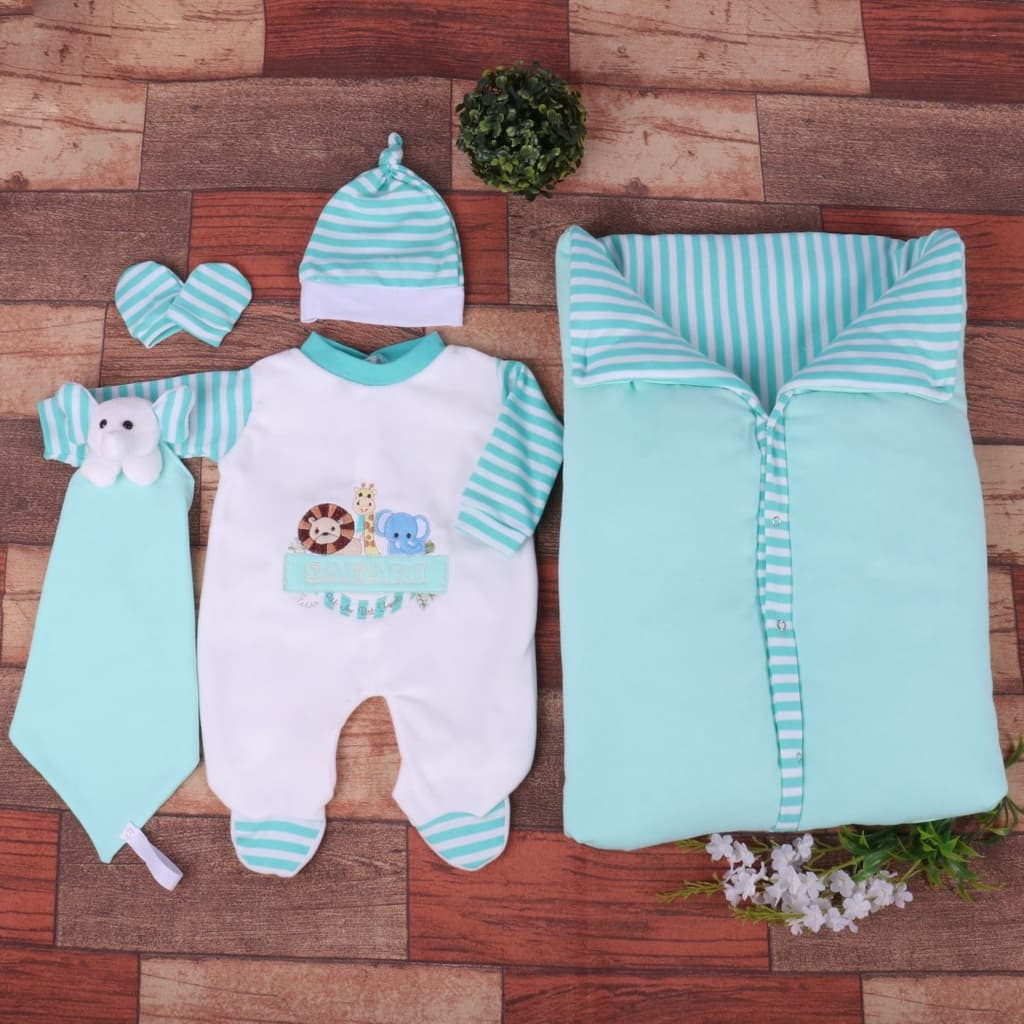 Kit Saida De Maternidade Menino Safari Com Porta Bebê - 5 Peças - 3 Cores