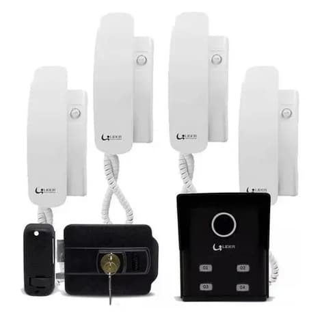 Kit Porteiro Eletrônico Coletivo Interfone 4 Pontos + fechadura elétrica + 4 Monofones