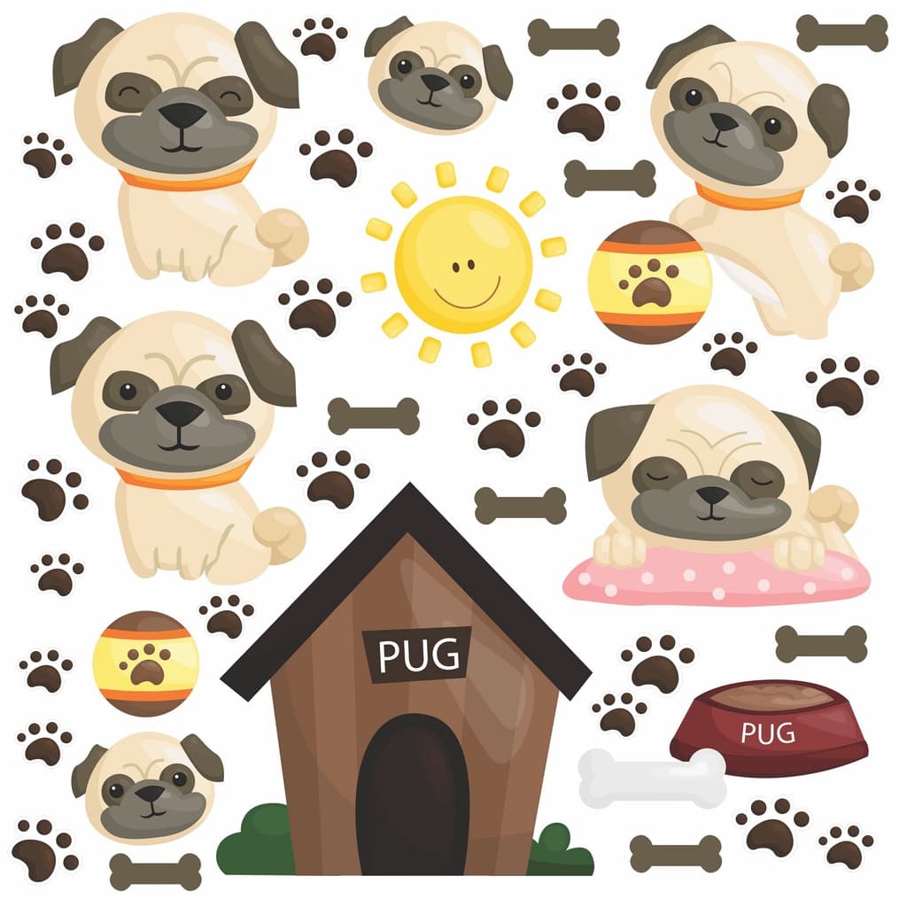 Adesivo Parede Infantil Cachorro Pug Patinhas Pet Cachorrinho C96
