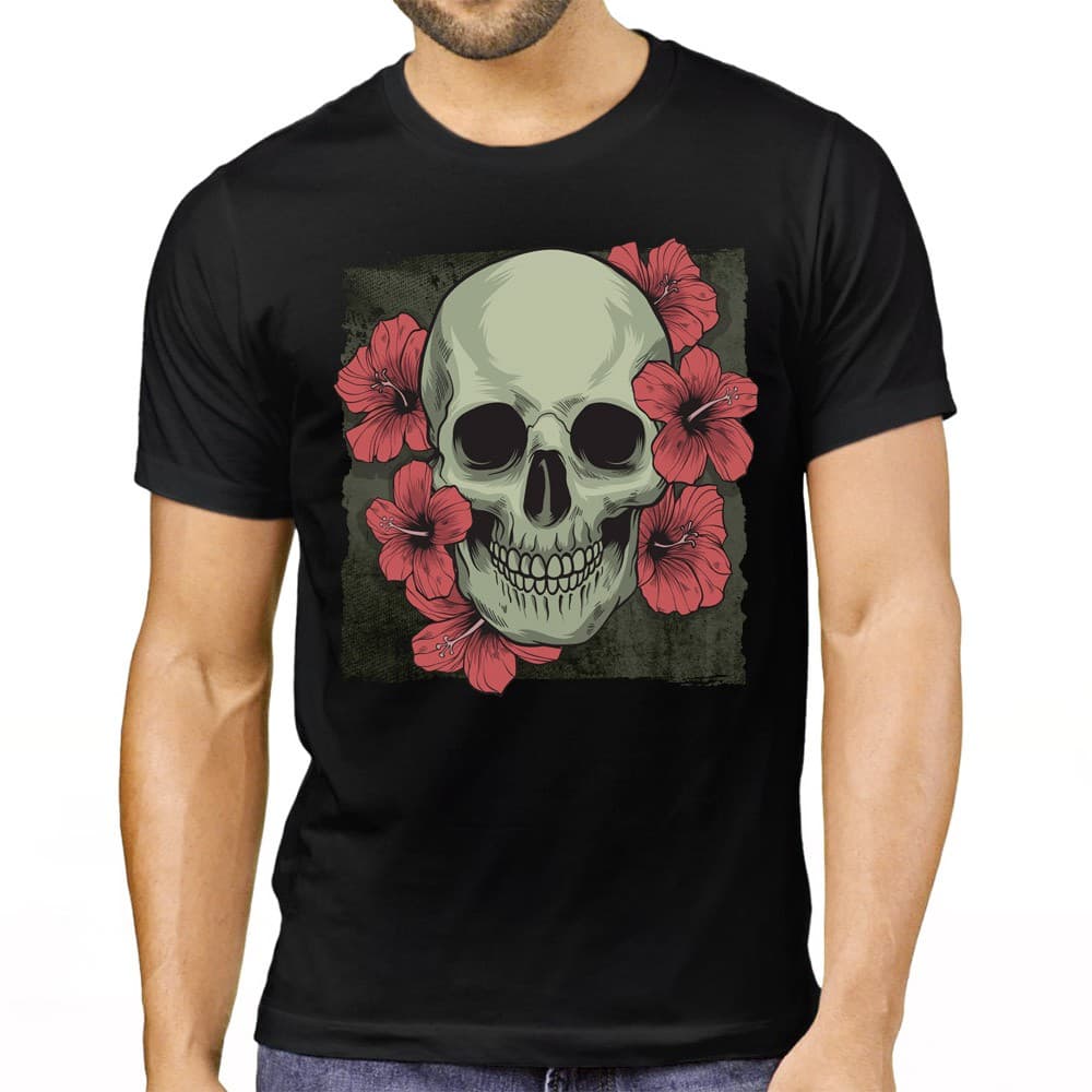 Camiseta Caveira Rosas Moda Vintage Skull Rock Preta 100% Algodão