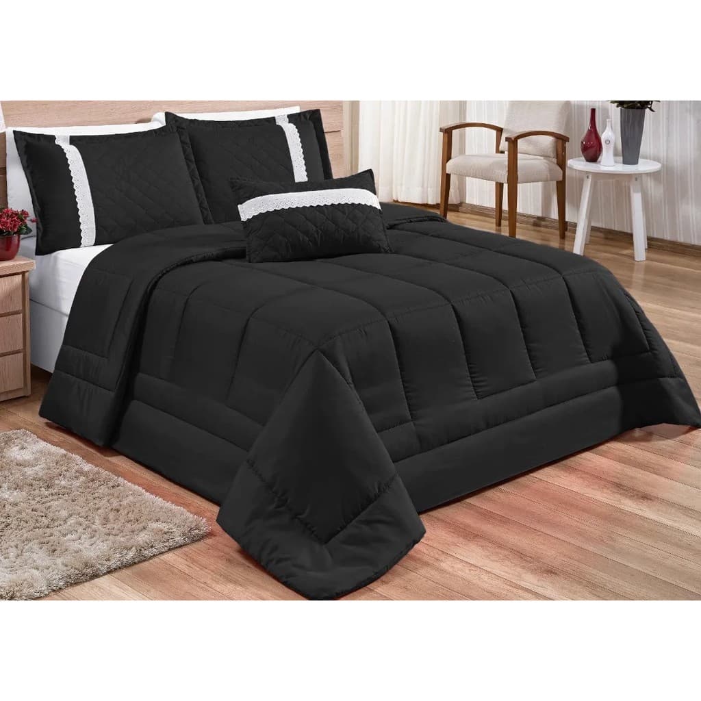 Kit Colcha Edredom Oliveira Casal Queen Cobre Leito 6 Peças - Cor Preto