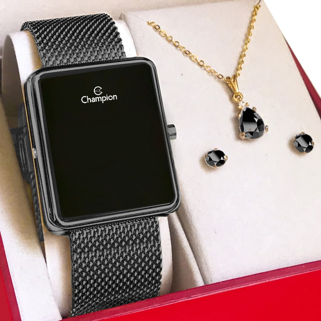 Relógio Champion Feminino Preto Digital LED Original com garantia de 1 ano acompanha colar e brincos