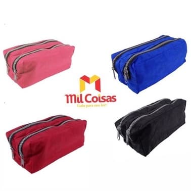 Estojo duplo 2 Divisorias em Nylon com Zíper Liso Escolar Bolsa para Material