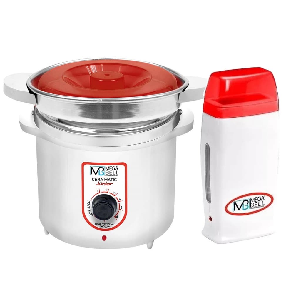 Kit Depilação Termocera 400gr Com Refil + Aquecedor De Cera Roll-on Branco com Vermelho - Mega Bell
