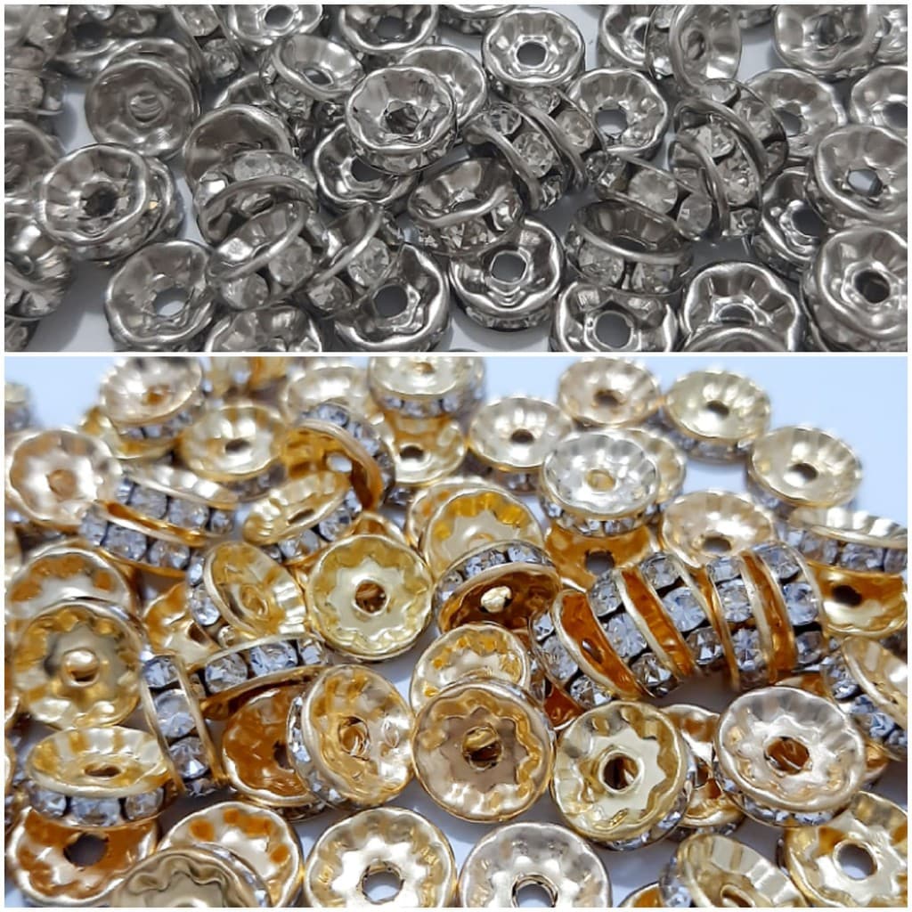 Rondela de Strass de Ferro 8mm 50 Unidades Dourada ou Prata Entremeio Rondelle