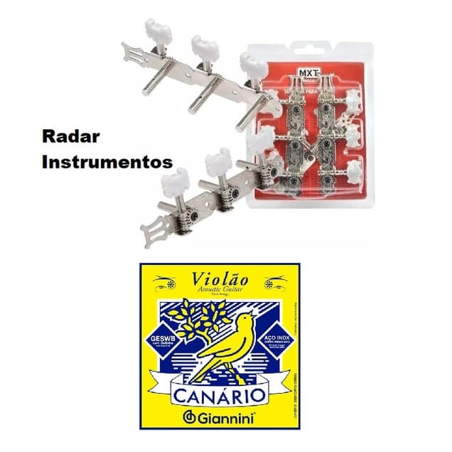 Tarraxa Violão Aço Pino Fino Kit Tarracha e Encordoamento Aço Com Bolinha Canário Cordas Giannini