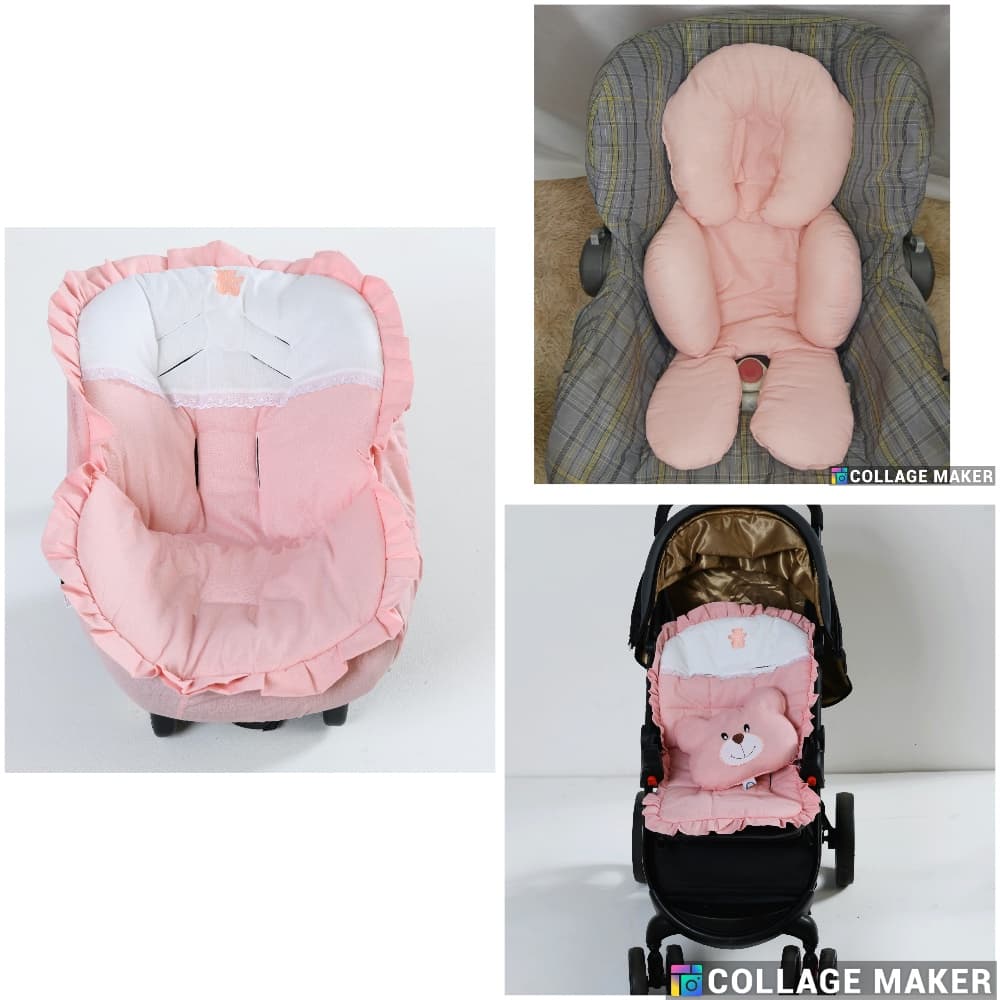 kit capa de bebe conforto + capa de carrinho + apoio redutor + protetor de cinto ursinha rose