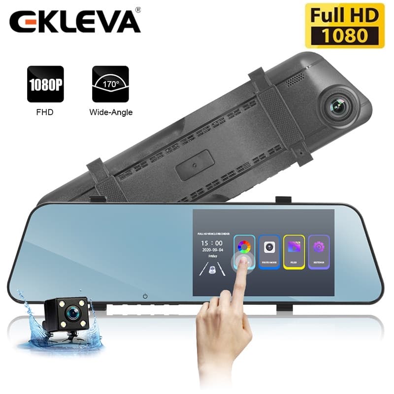 Câmera De Carro EKLEVA 4.7 Polegadas IPS Tela De Toque Branca Espelho Dash Cam 1080P Frontal E Traseira De Lente Dupla C